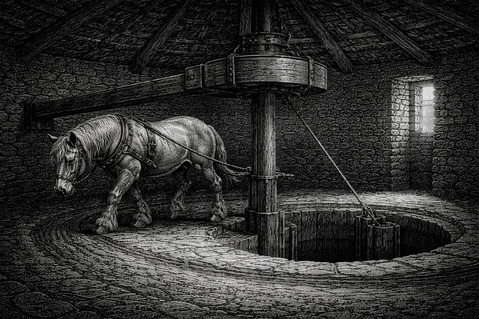 A horse walking in a circular gin gang